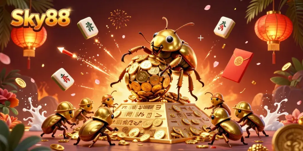 Engage with Sky88's vibrant casino world where golden beetles showcase riches and luck.