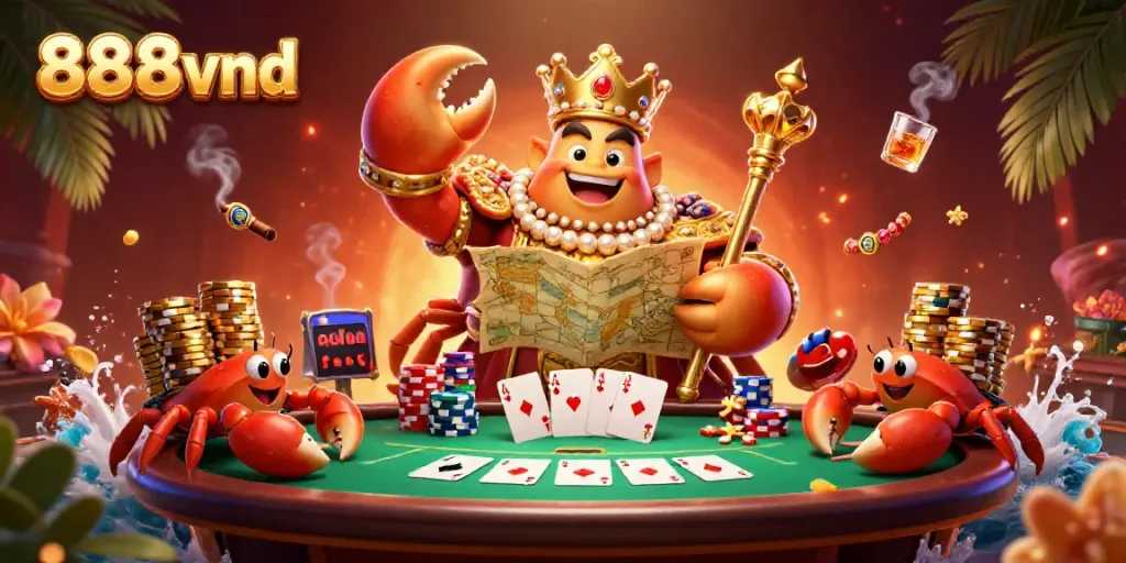 Place bets at 888vnd with a vibrant scene of a golden crab emperor amidst casino thrills.