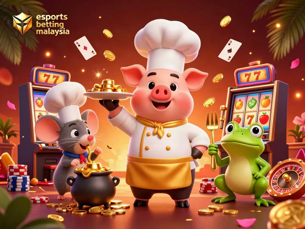Engaging scene of esports betting malaysia with pig chef serving gold coins, lively atmosphere of casino betting.