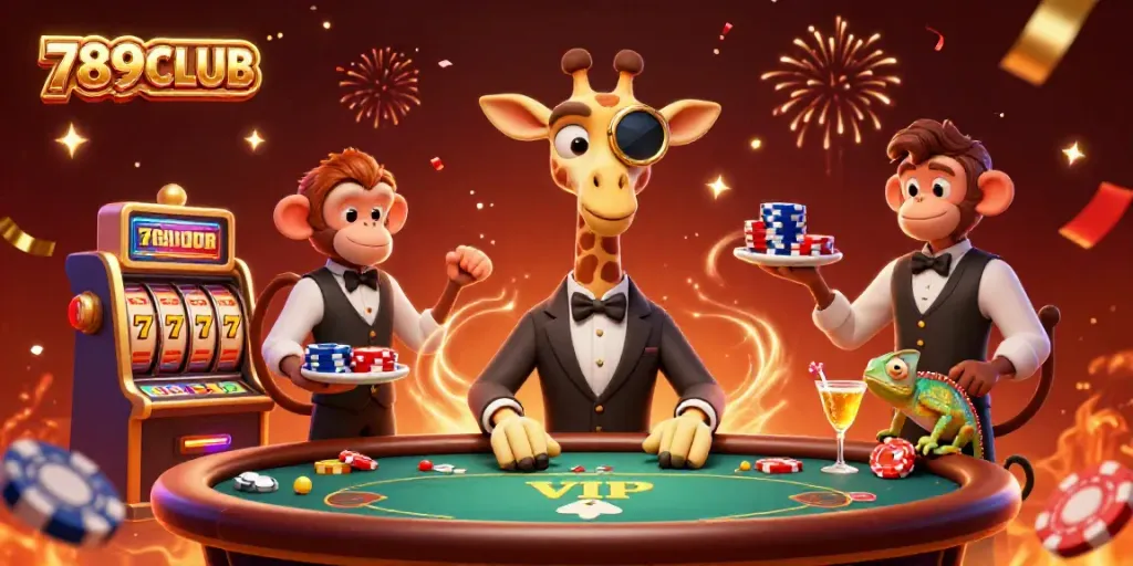 Experience the excitement of 789CLUB with a high-roller giraffe at a dynamic casino scene filled with slot machines and celebratory elements.