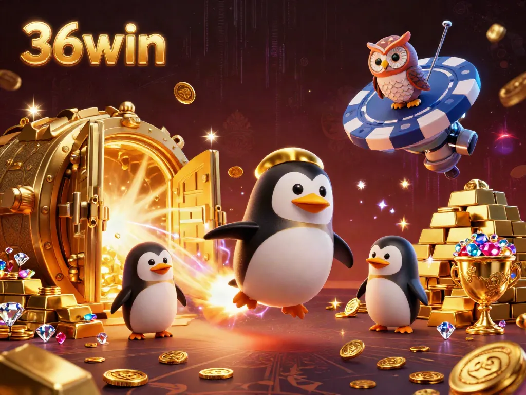 Experience thrilling 36win adventures with a golden penguin soaring toward a casino space station, surrounded by treasures.