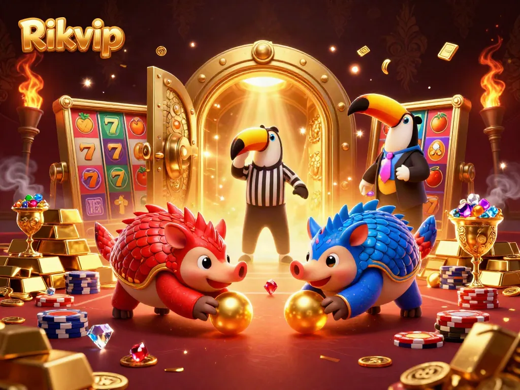 Rikvip pangolins competing in a vibrant casino scene with golden treasures and slot elements.