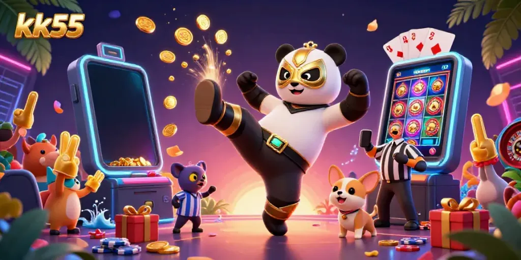 Experience the thrill of winning at kk55 with a dynamic panda wrestler, chihuahua referee, and exciting casino elements in vibrant detail.
