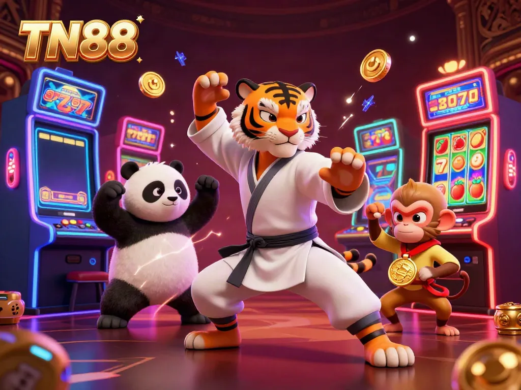 Experience thrilling fun with TN88, a vibrant casino scene showcasing characters and slot machines.