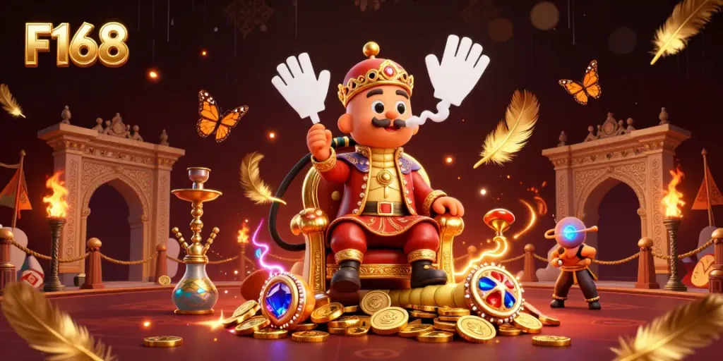 F168 casino scene showcasing a whimsical hookah-master character surrounded by gaming elements and vibrant colors.