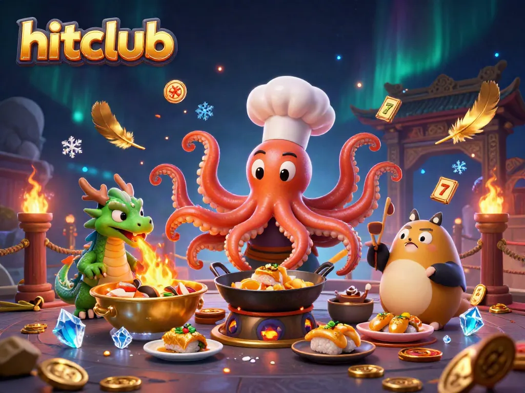 Experience vibrant action at hitclub with a cartoon octopus chef and dragon in a casino-like setting.