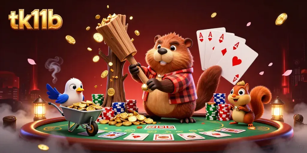 Experience thrilling gameplay at tk11b with a vibrant 3D illustration of a cartoon beaver in a casino setting.