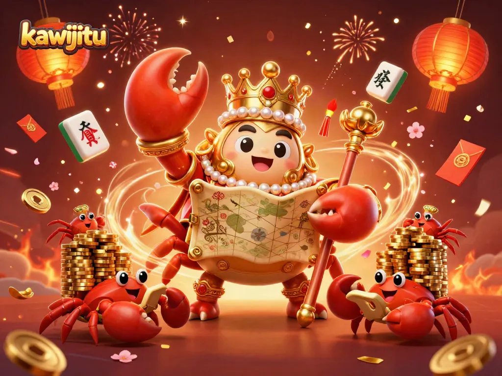 Kawijitu menampilkan raja kepiting emas yang memimpin dengan takhta dan peta harta, menunjukkan keberuntungan judi.