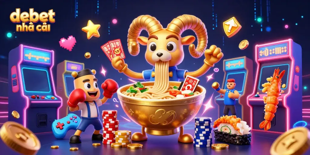 Engaging scene of debet nhà cái featuring a giant ramen bowl character, sushi dealer, and game elements.