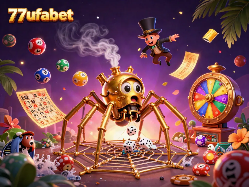 Engage with thrilling gambling action in 77ufabet's vibrant, dynamic digital illustration.