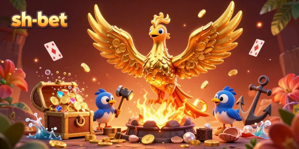 Experience exhilarating action at sh-bet with golden phoenix and vibrant gaming elements in this captivating scene.