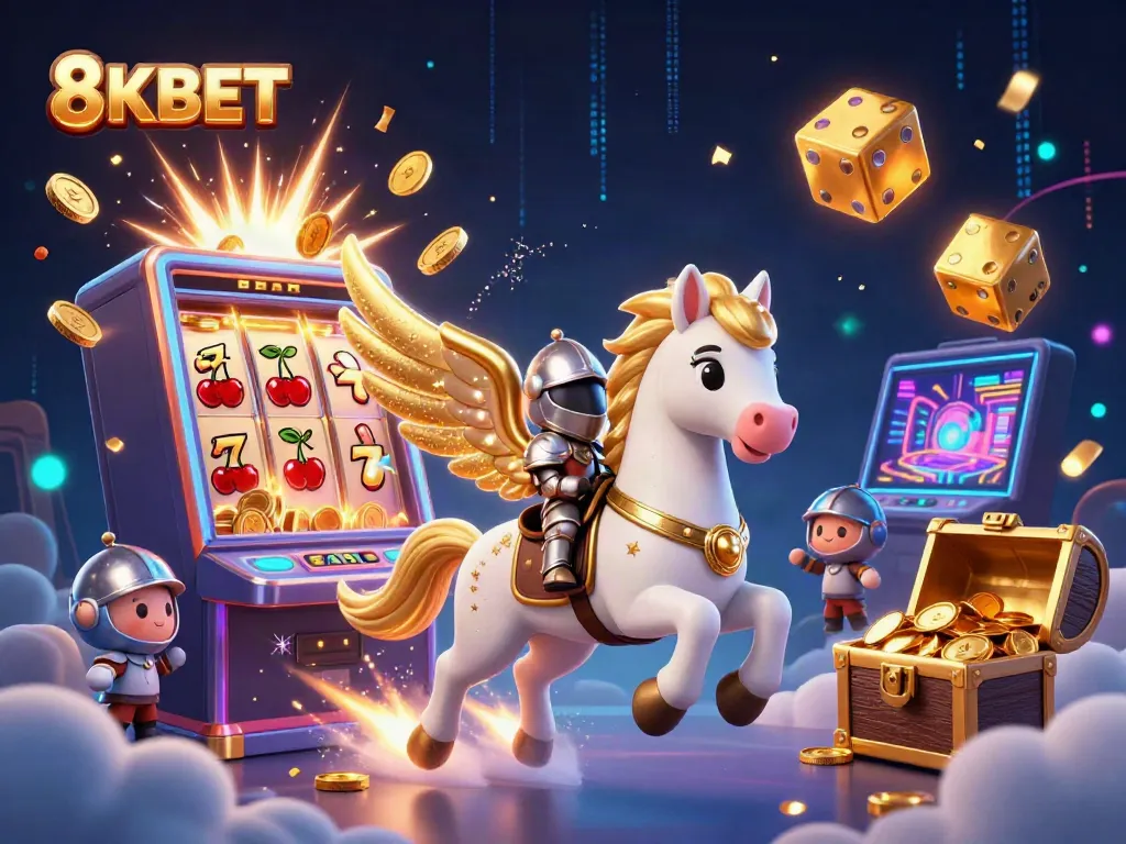 Experience the thrilling adventure of 8KBET with a celestial theme featuring a winged horse, jackpot slots, and vibrant casino elements.