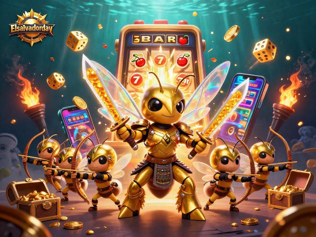 Spin the reels with elsalvadorday in this vibrant casino scene featuring joyful characters and winning symbols.