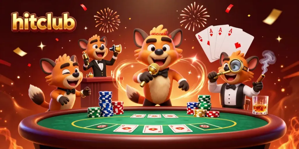 Hitclub offers thrilling comedy casino vibes with hyenas enjoying poker and drinks.