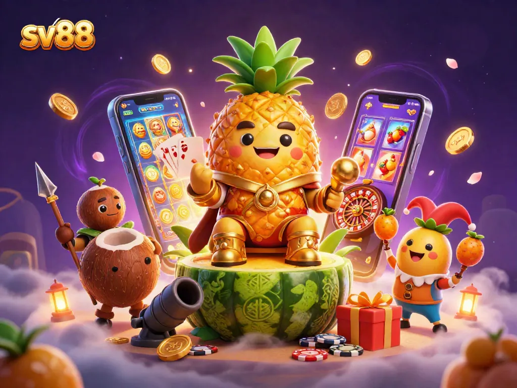 Bet on thrilling games with sv88, featuring a golden pineapple king and dynamic casino elements.