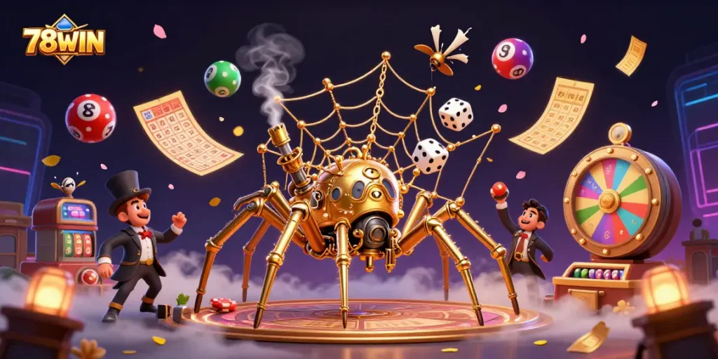 Engage with the thrilling 78WIN gaming scene featuring a dynamic golden spider and exciting lottery elements.