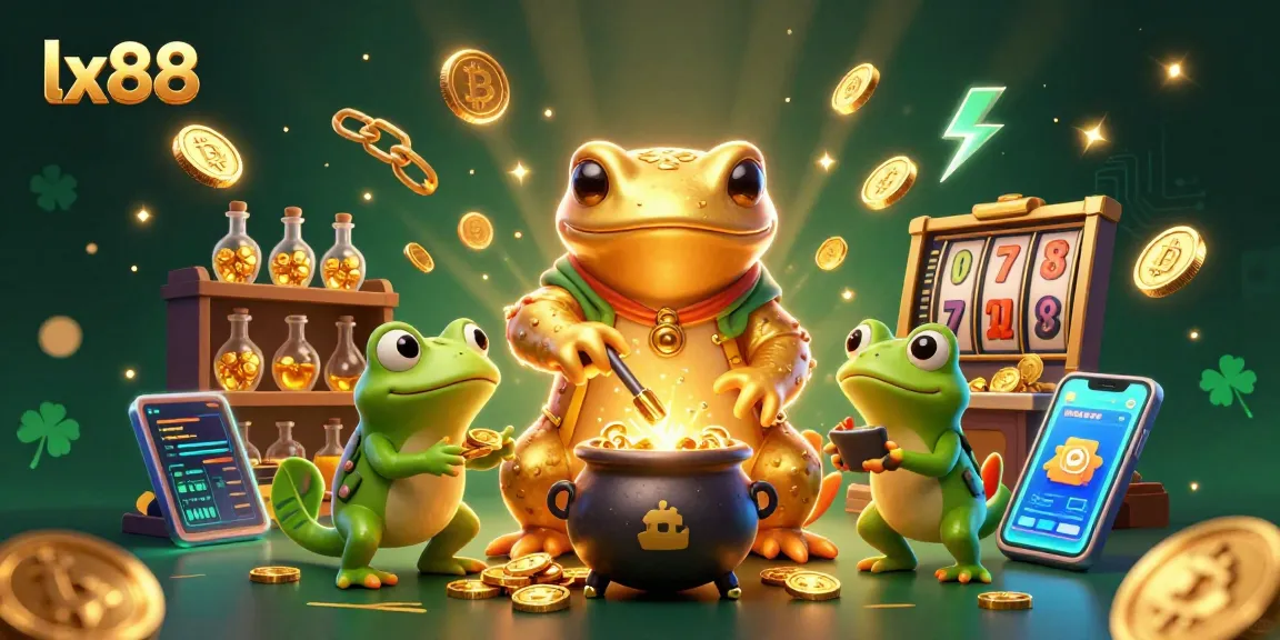 Lx88 crypto casino scene featuring a golden salamander and frog in a magical laboratory.
