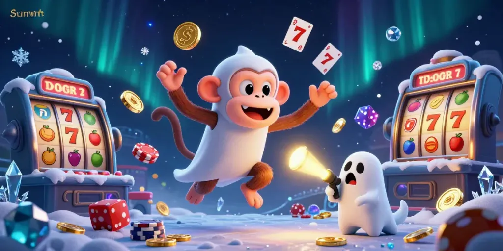 Engage with the thrilling world of Sunwin as a ghost-hunter puppy tracks a mischievous poltergeist monkey juggling golden casino treasures.