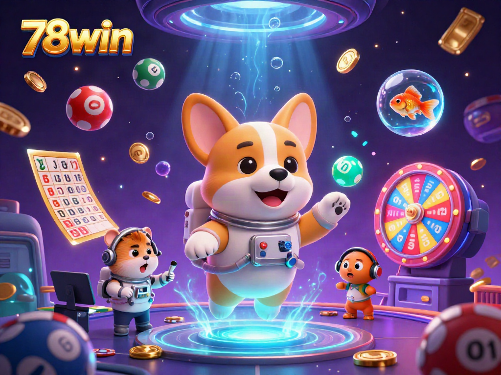 Engage with 78win as a cartoon astronaut Corgi floats in a vibrant casino atmosphere.