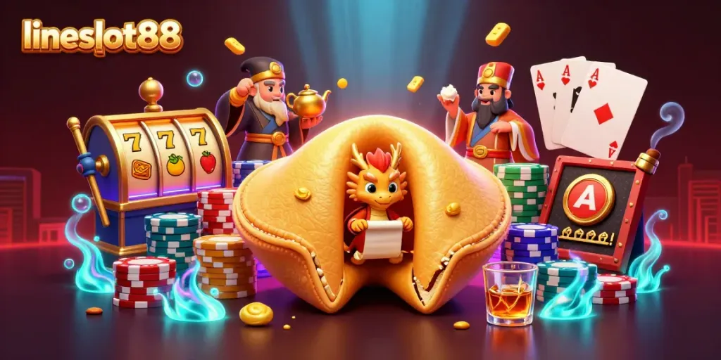 Experience the excitement of lineslot88 with unique characters and dynamic casino elements in this vibrant illustration.