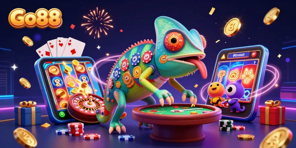 Go88 casino chameleon snatching golden coins amidst vibrant gambling elements.