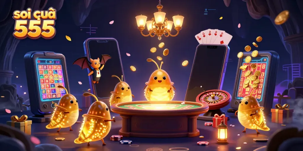 Engage with the excitement of soi cầu 555 in a vibrant cave casino scene filled with glowing characters and dynamic game elements.