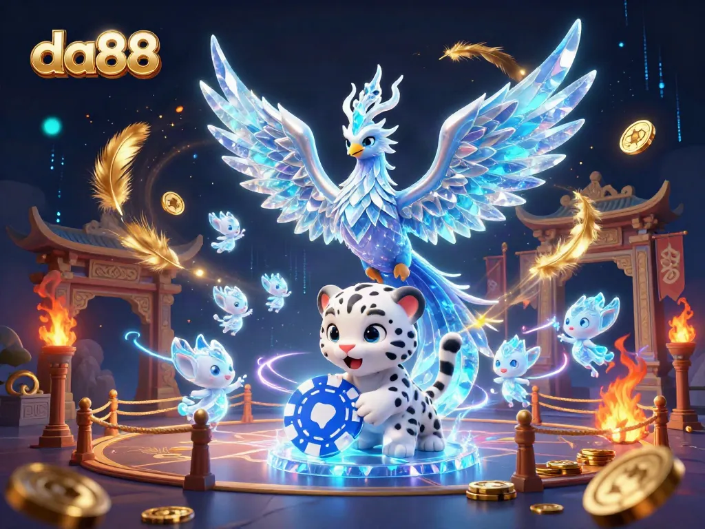 da88 showcases an ice phoenix and glowing sprites engaging in a vibrant, immersive casino setting.