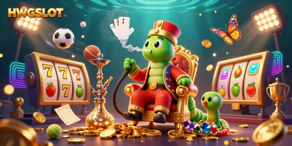 Engage with HWGSLOT in a vibrant 3D casino scene showcasing slot reels, golden coins, and a playful hookah-master.