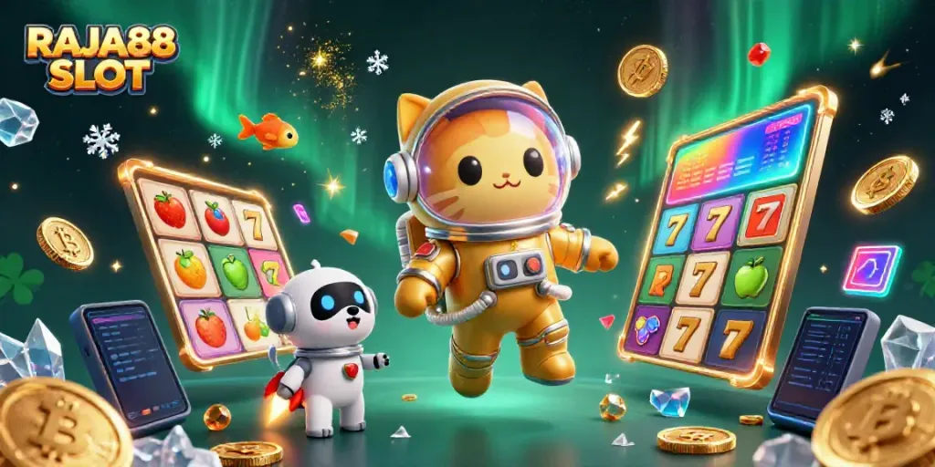 Spin the reels with RAJA88 SLOT in a vibrant cosmic casino atmosphere.