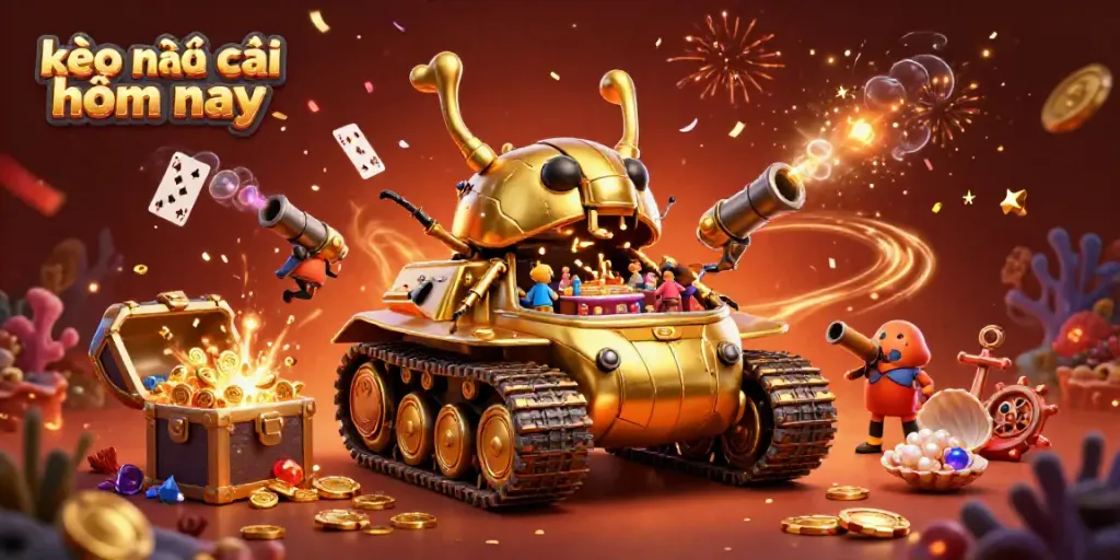 Experience the thrill of kèo nhà cái hôm nay with a vibrant 3D casino scene featuring a golden beetle tank and explosive treasures.