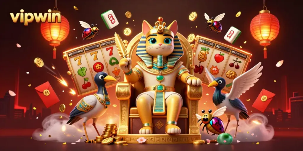Engage in exciting gameplay with vipwin as the Egyptian pharaoh cat oversees the jackpot-winning slot reels.
