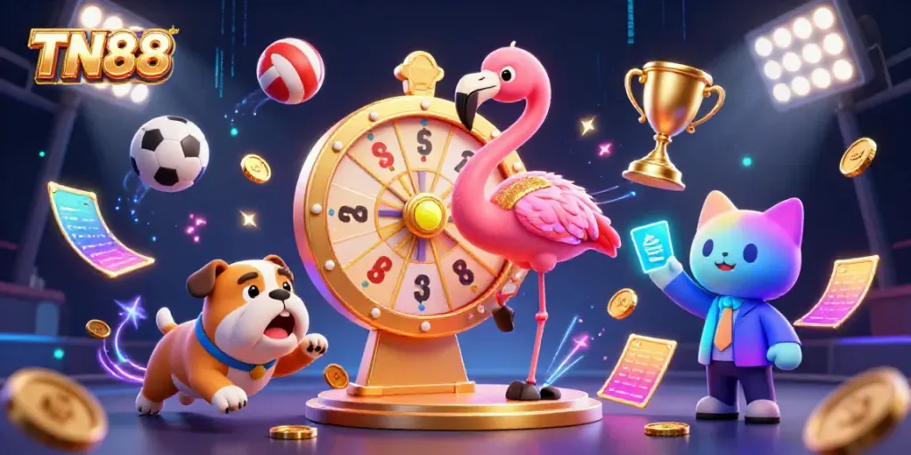 Win big with TN88 in an action-packed casino scene featuring a game show host, bulldog contestant, and scoreboard cat.