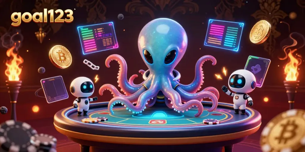 Engage in gaming with goal123's vibrant alien octopus and holographic poker scene.