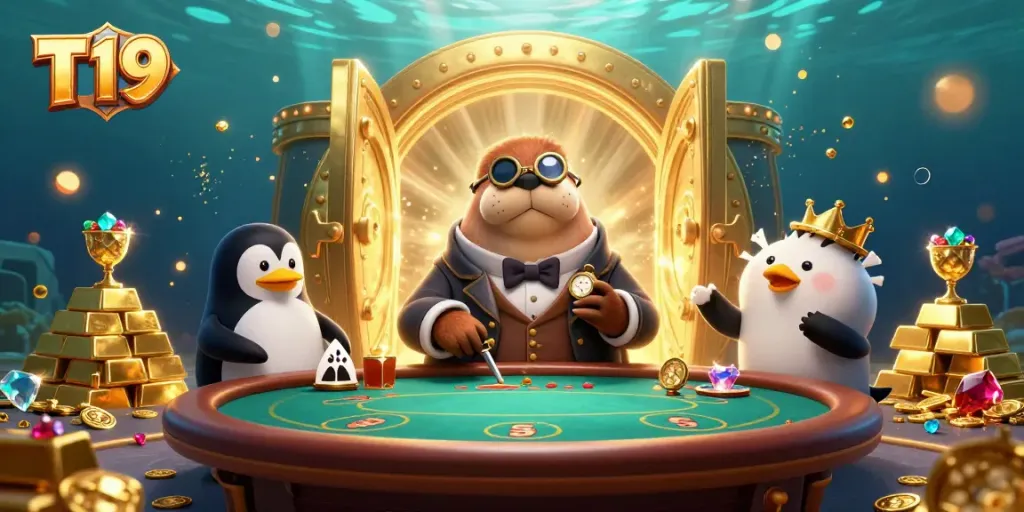 Experience thrilling underwater poker with T19 featuring a jolly walrus, penguin dealer, and bluffing pufferfish.