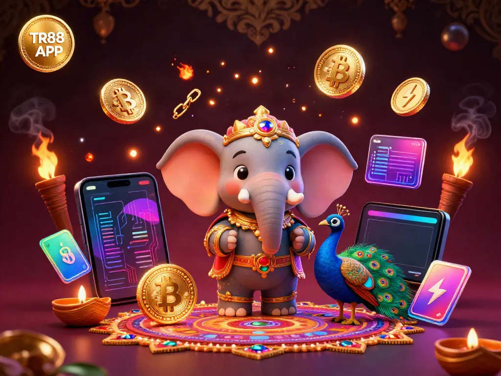 Engage with the vibrant TR88 APP illustration featuring a gambling-themed Diwali elephant amidst cryptocurrency elements.