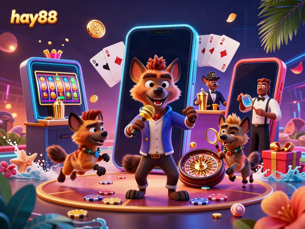 Join the fun at hay88, where hyenas entertain in a vibrant casino atmosphere with games and drinks.