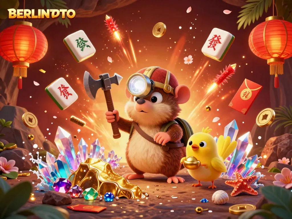 Engage with the vibrant scene of BERLINTOTO featuring a treasure hunter mole and gaming elements including gold coins and lanterns.