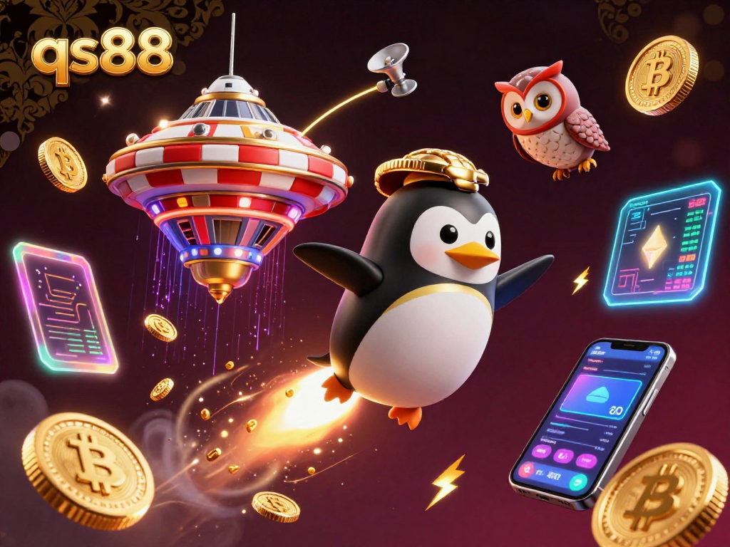 Spin to win with qs88’s vibrant 3D casino illustration featuring golden coins and crypto themes.