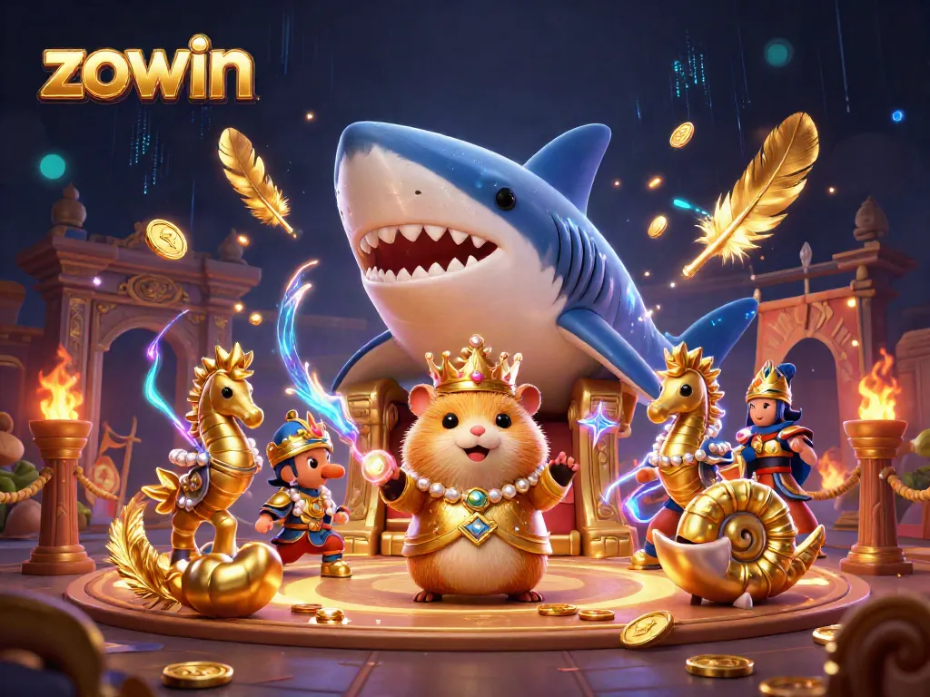 Zowin casino illustration showcasing a mighty hamster king surrounded by unique guards and gaming symbols, immersing players in adventure.