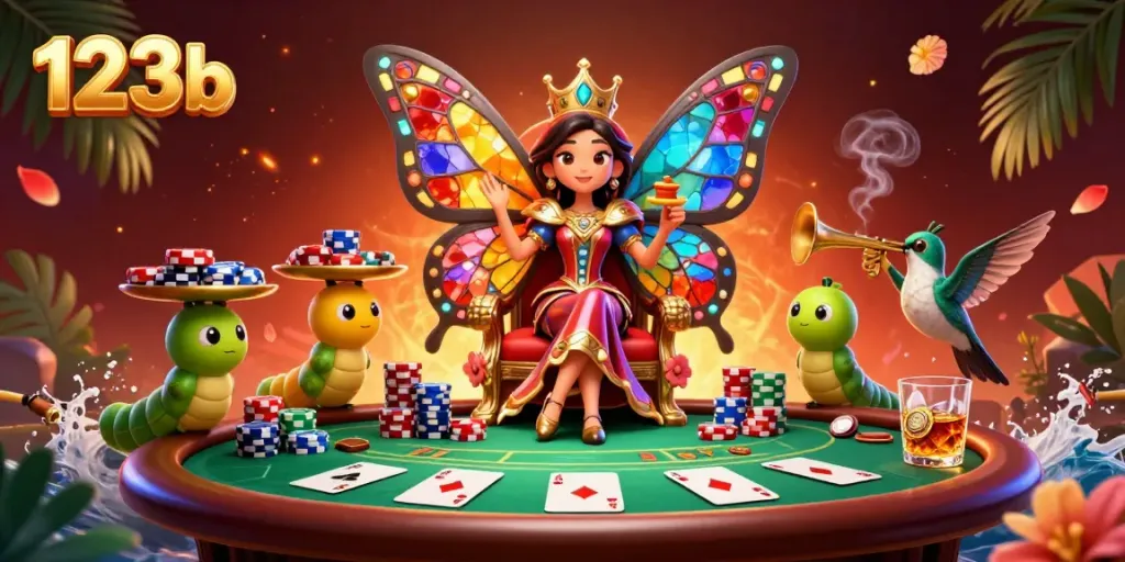 Engage in thrilling 123b poker action with a dazzling butterfly queen and poker elements.