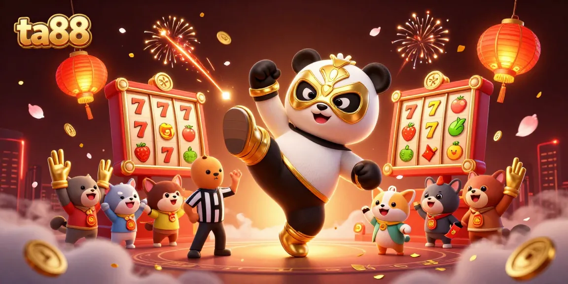ta88 captivates with a panda wrestler kick while animal fans cheer in a vibrant casino scene