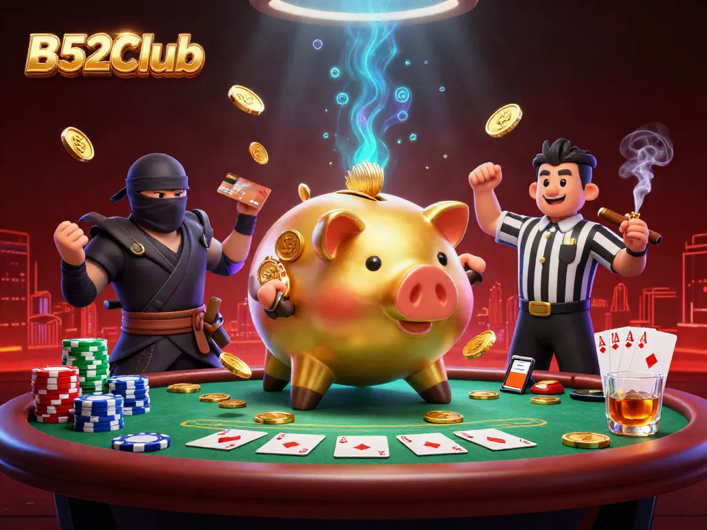 Experience dynamic gaming action at B52Club with golden piggy bank wrestler and ninja opponents.