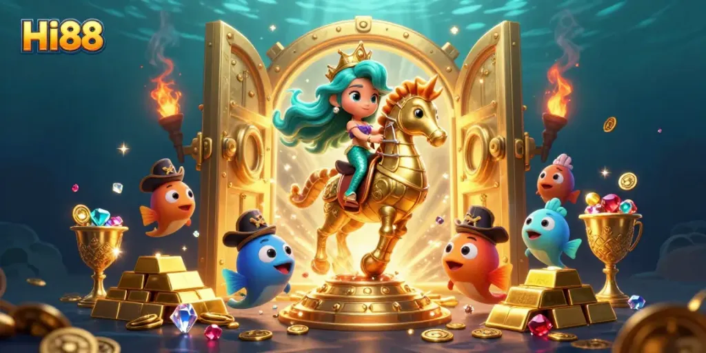 Engage in thrilling gameplay at HI88 with mermaid princess and seahorse, surrounded by treasures.