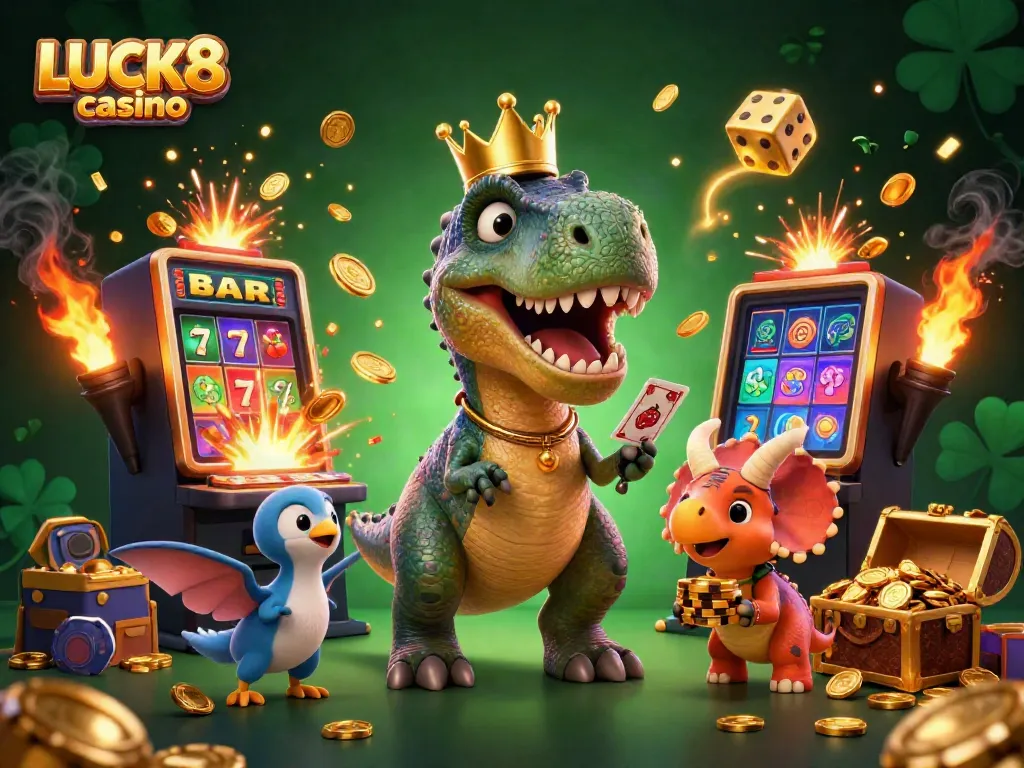 Experience the excitement of LUCK8 casino with a fun 3D scene featuring a T-Rex and friends amidst casino symbols.