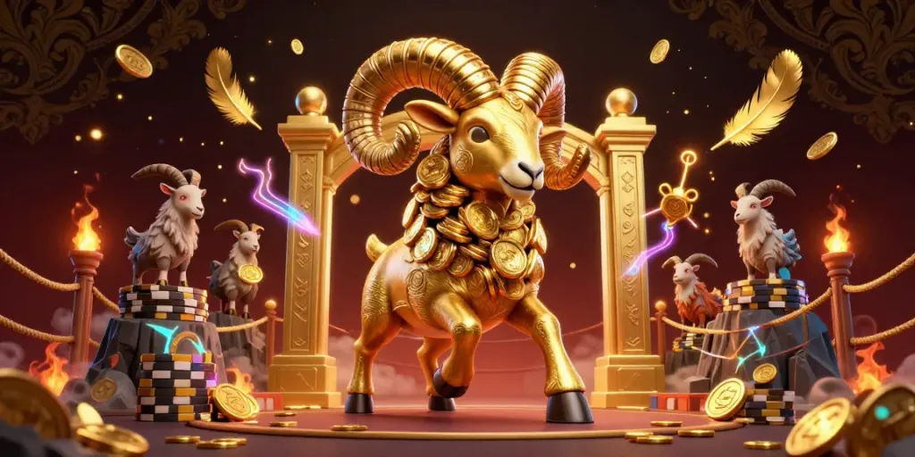 Engage in the MANCLUB experience with a dynamic golden ram charging through a vibrant casino scene.