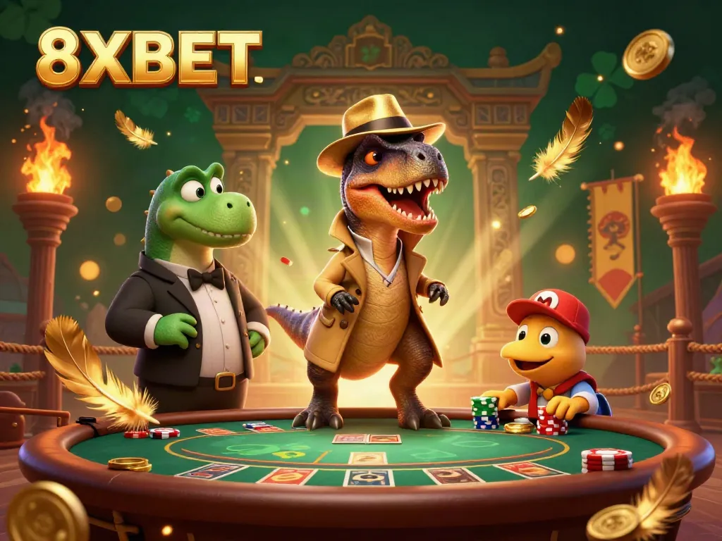 Experience vibrant and dynamic gambling at 8XBET with a cartoon velociraptor at a blackjack table.