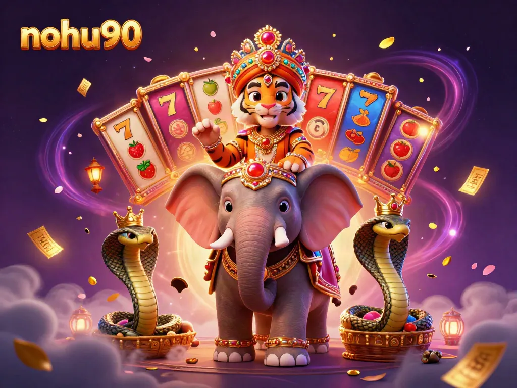 Nohu90 casino illustration with a maharaja tiger, elephant, and cobra amidst colorful slots, tickets, and jackpots.