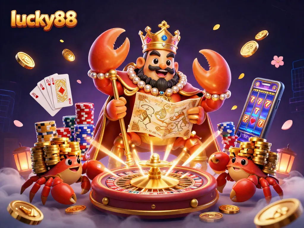 gamble effectively with lucky88 at a dynamic casino scene featuring vibrant characters and rich elements