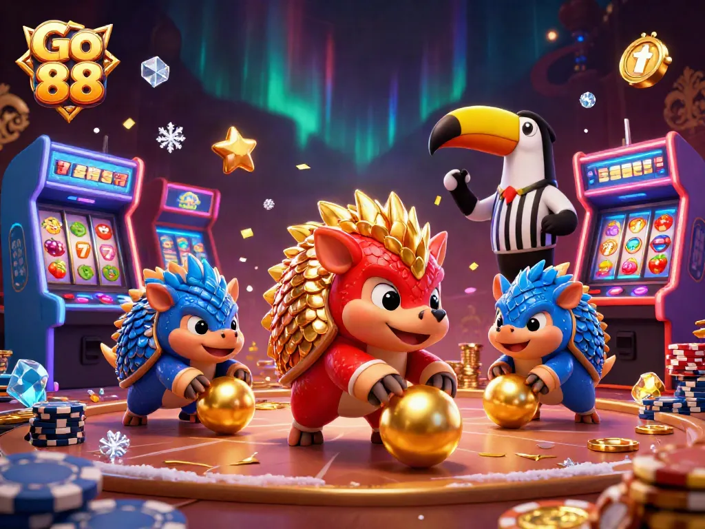 Go 88 pangolins engaging in a lively casino game scene with poker chips and slot elements.