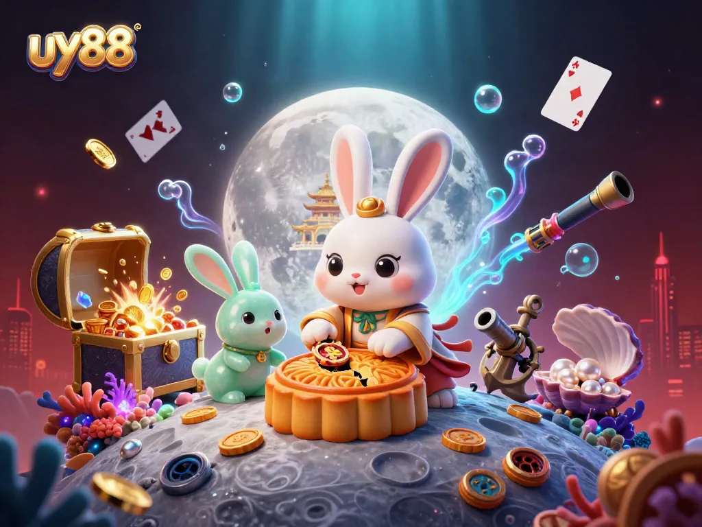 Experience the excitement of uy88 as the moon rabbit reveals poker chips while surrounded by vibrant casino elements.